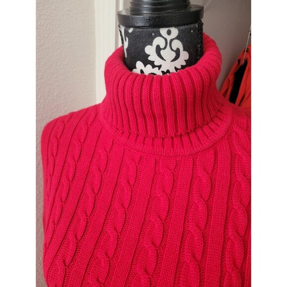LL Bean Cable Knit Turtleneck Sweater Wmn L LS Red Christmas Holiday Fisherman - Picture 3 of 13